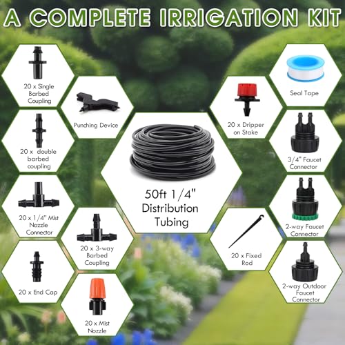 Drip Irrigation Kit, Drip Irrigation System for Garden with 1/4" Irrigation Tubing DIY Saving Water Automatic Watering System for Garden, Greenhouse, Flower Bed, Patio, Lawn - size: 50ft