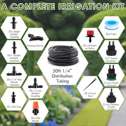 Drip Irrigation Kit, Drip Irrigation System for Garden with 1/4" Irrigation Tubing DIY Saving Water Automatic Watering System for Garden, Greenhouse, Flower Bed, Patio, Lawn - size: 50ft