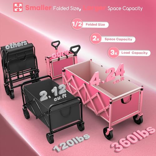 HIKEMOON 34'' Extra Long Folding Portable Wagon Cart, 120L 360LBS Pink - color: Pink
