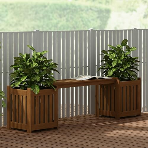 Furinno TIOMAN Planter Box with Bench, Hardwood Flower Box with Seat, Cube Garden Box, in Teak Oil, Outdoor Indoor, Garden, Patio, Balcony, Light Wood - size: 16" x 16" Boxes with 41" Wide Bench