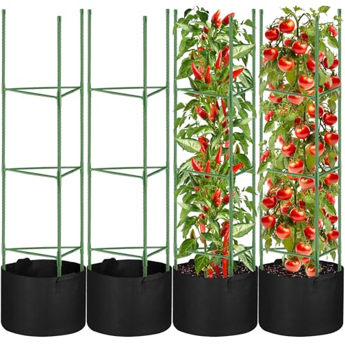 4 Pack Tomato Cages with 11 Gallon Grow Bags for Garden 55inch