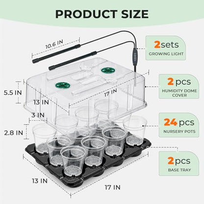 homenote 4 Inch Seed Starter Trays 2 Pack, 12-Cell - size: 4 Inch, style: 2 Pack Tray+Pots+Dome+Grow Light