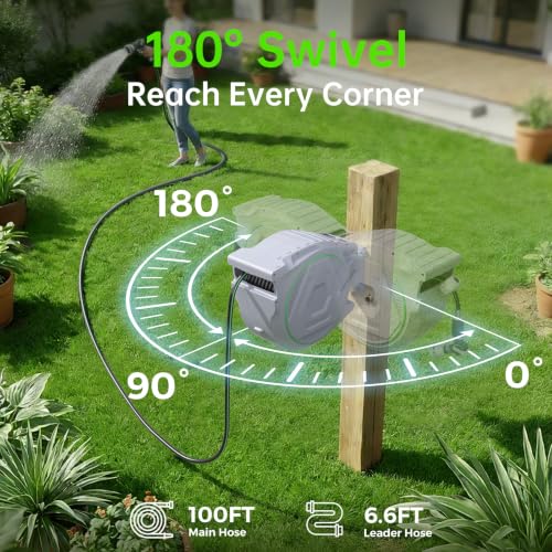 Retractable Garden Hose Reel, 5/8in 100 ft Hose Reel with 9 Patterns Nozzle - color: Grey