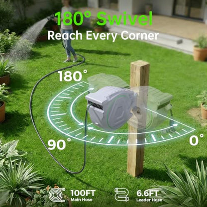 Retractable Garden Hose Reel, 5/8in 100 ft Hose Reel with 9 Patterns Nozzle - color: Grey