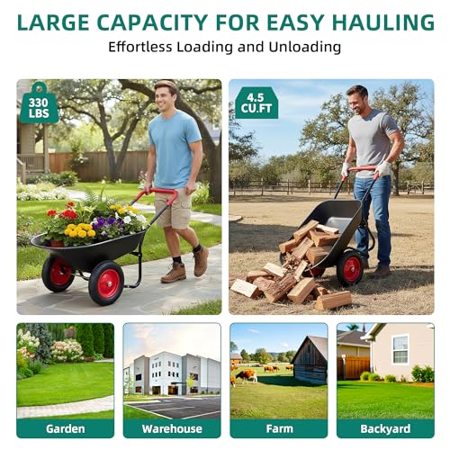 Autodaya Dual-Wheel Garden Cart, 14" Pneumatic Tires & Built-in Stand, 4.5 Cu Ft Utility Yard Wheelbarrow for Gardening, Soil, Construction, Easy Assembly,Red - color: 330lb|red-4.5 Cu Ft
