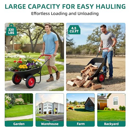 Autodaya Dual-Wheel Garden Cart, 14" Pneumatic Tires & Built-in Stand, 4.5 Cu Ft Utility Yard Wheelbarrow for Gardening, Soil, Construction, Easy Assembly,Red - color: 330lb|red-4.5 Cu Ft