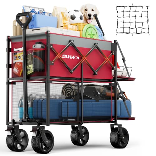 Double Decker Collapsible Wagon with Brakes,Compact with Tailgate - color: Rose Pink