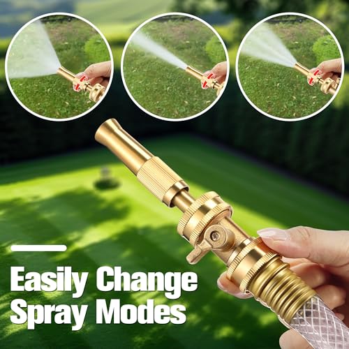Heavy Duty Brass Hose Nozzle Kit with Shut Off Valve, 4" Adjustable Twist Garden Hose Nozzle, High Pressure Jet Sprayer, 3/4" GHT Connector, Includes 10 Rubber Washers(Adjustable,4 in)