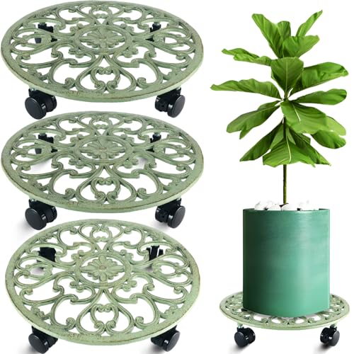 3 Packs 14 Inch Rolling Plant Stand with Wheels Metal Plant Caddy with Wheels Heavy Duty Round Plant Stand Indoor Iron Plants Rollers for Plants, Plant Dolly Retro Green - color: Retro Green, size: 14 inch: 3 pcs