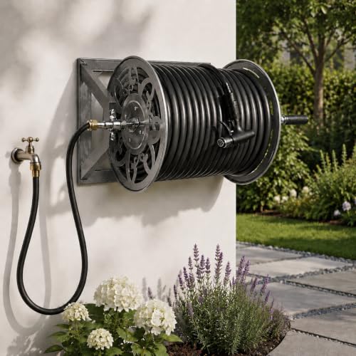 Wall Mounted Garden Hose Reel – Holds 200 ft 5/8" Hose, Heavy-Duty Steel Manual Winder, with Brass Connector, 5ft Leader, Decorative Pattern, Space Saver, Gray Finish, for Outdoor Gardens & Lawns.