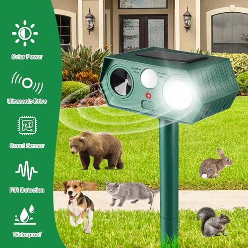 2025 Solar Animal Repellent,Upgraded Ultrasonic Cat Repellent Outdoor,Waterproof Deer Deterrent for Bird Dog Skunk,Squirrels Deterrent with Motion Detection Flash Lights for House B (2 Pack)