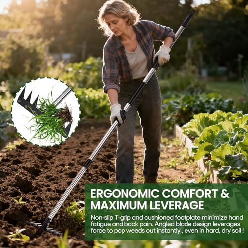 Garden Weed Pulling Tool with Long Handle, Garden Hoe and Weed Rake