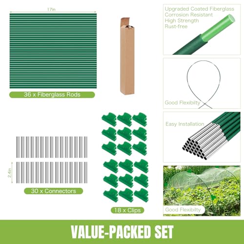 36 Pack 8ft Garden Hoops for Raised Beds, 6 Sets Fiberglass with PVC