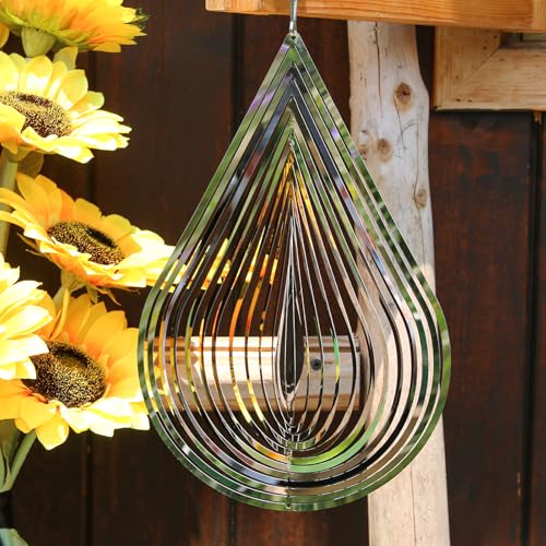 Phuryllic Wind Spinners Outdoor, Garden Decor, Bird Deterrents for Outside, 3D Metal Yard Decorations for Patio & Porch, Unique Gardening Gifts for Women & Moms - 12in Silver Waterdrop - color: 1pc 12in Silver Waterdrop