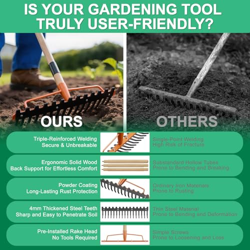 Bow Rake Heavy Duty 17-Tine, 55" Wooden Handle Garden Rake