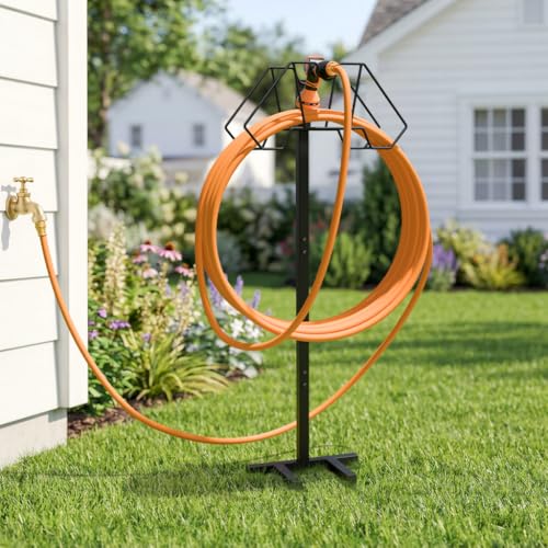 Giraffe Tools Garden Hose Holder with 4 Spikes Holds 150FT, Freestanding