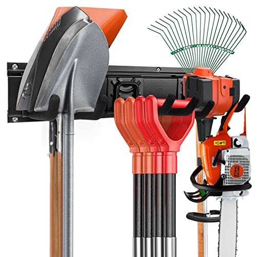 Garden Tool Storage Rack, Outdoor Power Tools Hangers for Garage Wall Organization with 6 assorted Multi-Purpose Hooks, Organizer Holders for Landscaping Equipment, Folding Chairs, Ladders etc. - size: 34 in rack with 6 hooks
