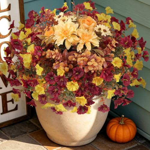 Hrobek Fall Artificial Mums Flowers for Outdoor UV Resistant Fake Plants - color: Orange Yellow Brown