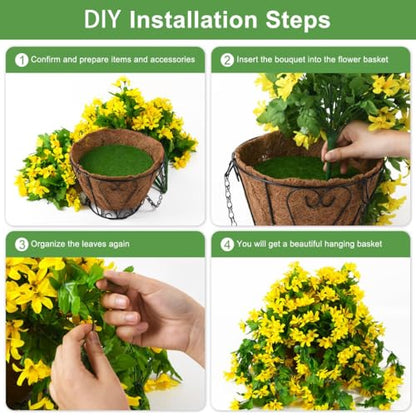 INQCMY Fake Hanging Flowers with Basket Artificial Violet for Outdoor Porch - color: Yellow