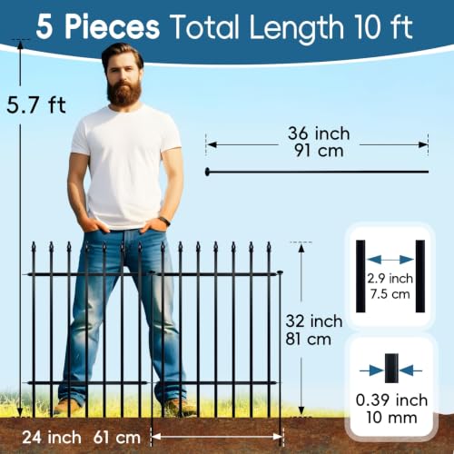 Thealyn 32" H x 24" W Metal Garden Fence, No Digging, Animal Barrier, 10 Ft - color: Black, size: 32″ H x 10 ft (5 Panels)