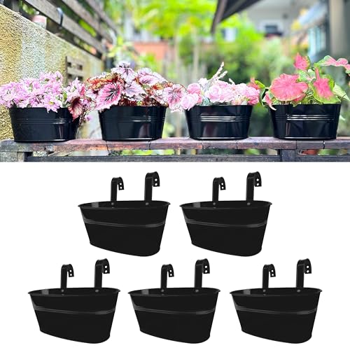 LaLaGreen Outdoor Plants Rail Planter (11.2 Inch, 5 Pack) Black Metal Iron Hanging Flower Pots Deck Railings Fence Buckets Modern Boho Style Wall Mount Window Box Plant Holder Hooks Porch Home Decor - size: 11.2" (28cm) x 5 Pack