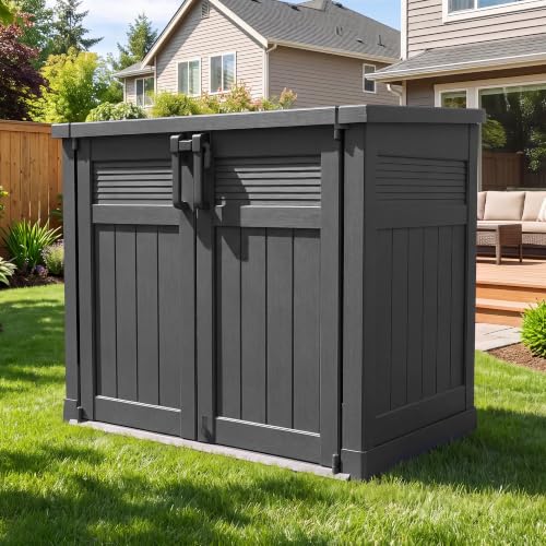 Large Outdoor Storage Cabinet 51 Cu Ft with Pneumatic Hydraulic Lid, Horizontal Outdoor Storage Shed-Easy to Assemble, Waterproof Outdoor Storage Box for Backyards - color: Black, size: 33.8"×55.1"×48.4"