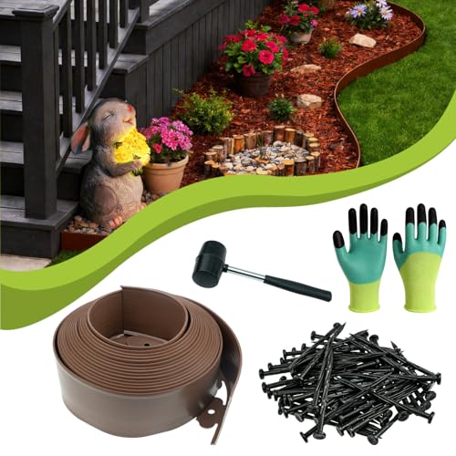 33 ft No Dig Landscape Edging Kit with 50 Spikes, Hammer & Gloves, 4in high - color: Brown, size: 4in x 33ft