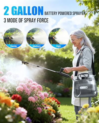 Battery Powered Sprayer 2 Gallon, Electric Weed Sprayer with 3 Adjustable Pressure Levels, 4 Nozzles & Extendable Wand, Rechargeable Garden Sprayer for Yard, Lawn, Plants & Fertilizer - color: Black