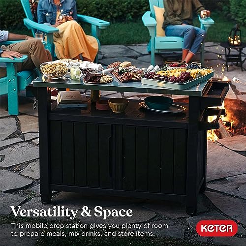 Keter Outdoor Rolling Table Cart for Food Prep, Storage, Dark Brown - color: Brown
