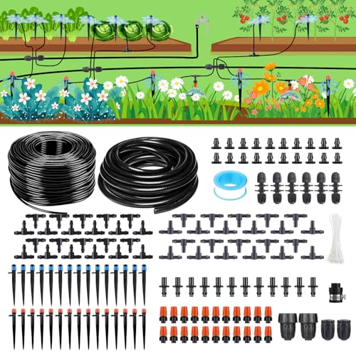256FT Automatic Drip Irrigation System Kit,Automatic Garden Watering Misting System for Greenhouse, Yard, Plant ，Lawn with 1/2 inch Hose 1/4 inch Distribution Tubing and Accessories - style: 256FT Drip Irrigation System Kit