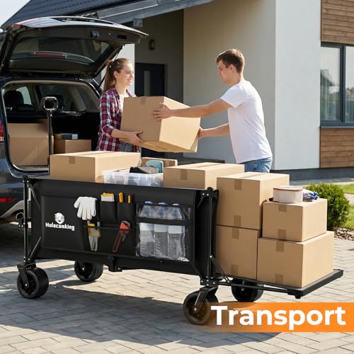 70”L Extender Collapsible Wagon, Extra Long Foldable Wagon Cart with Extended Tailgate, Heavy Duty Rolling Utility Cart with All-Terrain Big Wheels for Transport Sports Beach, Black