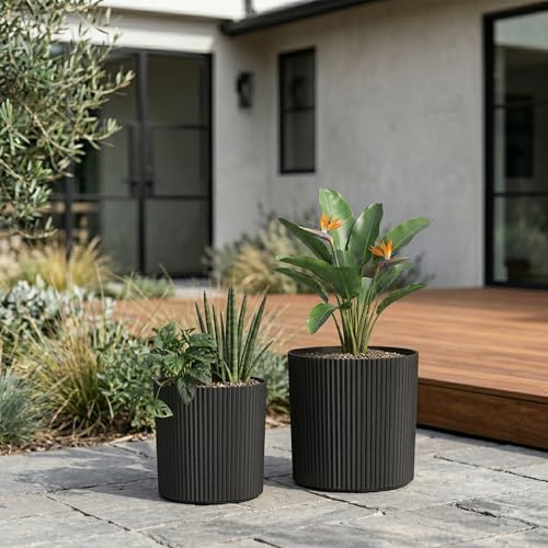 Mayne Haven 12in & 14in Round Fluted Modern Planter Set, Black, 2-Pack - color: Black, size: 12in and 14in