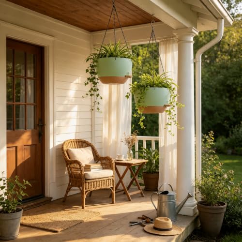 2 Pack 10 Inch Self Watering Hanging Planters for Indoor Plants, Large Green Brown Plastic Hanging Pots with Chains for Outdoor Patio Garden Home Decor (Green Brown) - color: Green Brown, size: 2 pack 10 inches