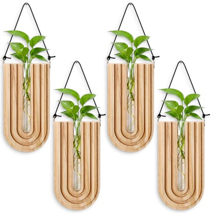 Set of 4 Wooden Wall Planter Vase Hanging Propagation Stations Glass Plant and Flower Vases Wall Plant Holder for Indoor Plants Art Boho Home Room Entryway Hallway Decoration