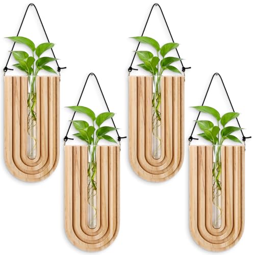 Set of 4 Wooden Wall Planter Vase Hanging Propagation Stations Glass Plant and Flower Vases Wall Plant Holder for Indoor Plants Art Boho Home Room Entryway Hallway Decoration