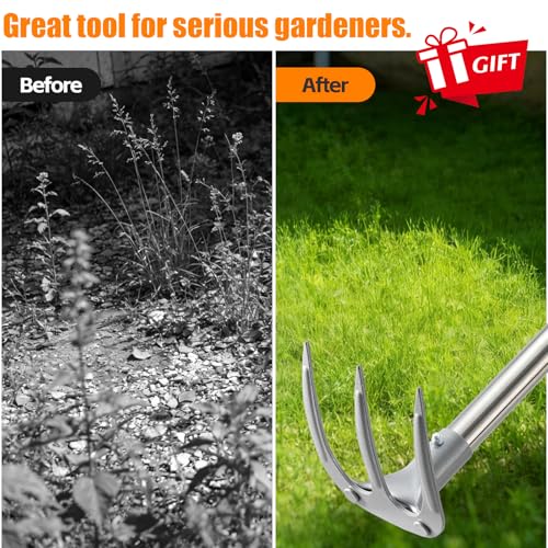 78" Long Handle Garden Rake, No Bend Standing Weeding Tool, Heavy Duty 3-Tine Cultivator with Carbon Steel Head, Hand Tiller for Digging, Loosening Soil & Planting