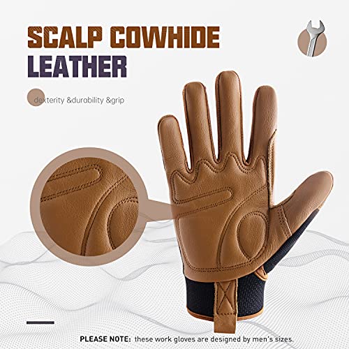 HANDLANDY Leather Work Gloves Mens & Women, Utility Safety Mechanic Working Gloves Touch Screen, Flexible Breathable Yard Work Gloves (XL, Brown-Cowhide Palm) - color: Brown (1 Pair), size: X-Large