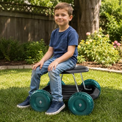 BEETOW Rolling Garden Seat with Wheels, Gardening Stool and Garden Scooter Cart with Storage Tool Tray, Rolling Garden Work Seat for Weeding, Planting, Pruning, Yard Work and Garage Repair