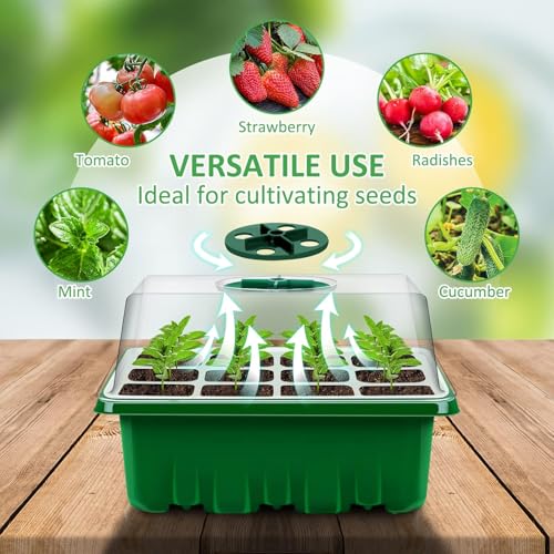 3PCS Seed Starter Tray, Planter Kit with Adjustable Breathing Cap, Seedling Starter Trays with Humidity Domes, Covers Height 1.8", Indoor Gardening Plant Germination Trays (12 Cells per Tray)+Tools