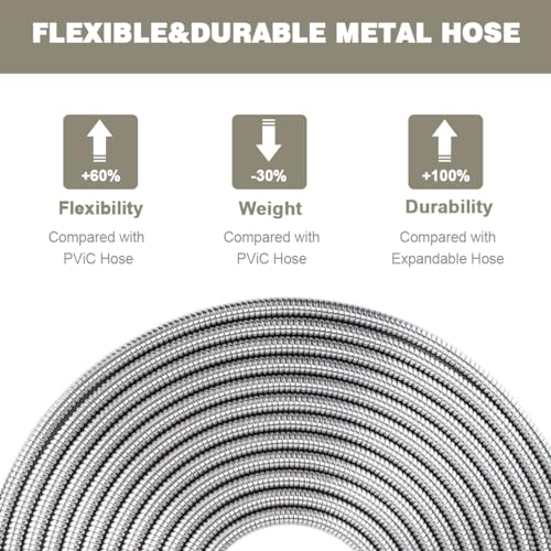 Omont Metal Garden Hose 50FT, Heavy Duty 304 Stainless Steel Water Hoses with Nozzle, Flexible Garden Hose, Lightweight, Rust Proof, No-Kink & Tangle for Yard, Outdoor, RV - size: Stainless Steel 50FT