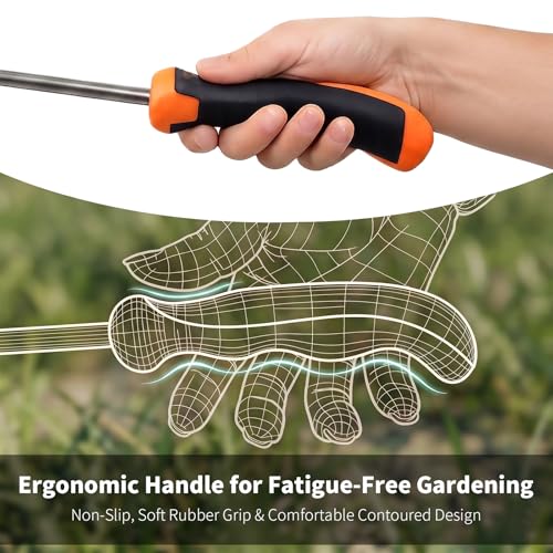 Weed Puller Tool, Heavy Duty Stainless Steel Garden Weed Puller with 4-Tine & Root Removal Fork, Weeding Tool, Deep Root Weed Remover for Dandelion, Crabgrass & Thistle, 2-in-1 Garden Tools (Orange)