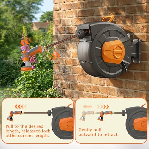Retractable Garden Hose Reel 100 FT, 1/2" Heavy Duty Garden Hose - color: Gray & Orange