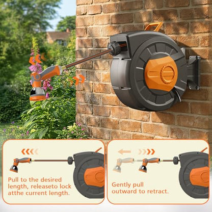 Retractable Garden Hose Reel 100 FT, 1/2" Heavy Duty Garden Hose - color: Gray & Orange