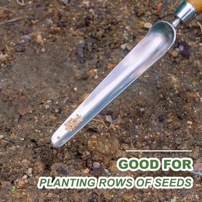 Hand Dibber with 5 inches Measuring Scale, Easy to Grip L-Shaped Wood Handle Dibbler, Seeding Widger, Stainless Steel Garden Planting Trowel for Repotting, Long and Narrow Widger for Planting, Weeding