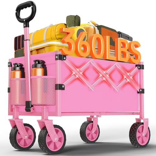 COZEER Wagons Carts Foldable, 360LBS Folding Heavy Duty Wagon with Wheels - color: Pink, size: 100L