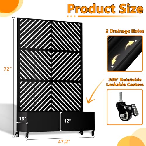 MTART Metal Planter Box with Trellis, 72"x47"x16" Outdoor Galvanized Raised Garden Bed with Privacy Screen & Drainage Holes & Lockable Casters for Climbing Plants, Vegetable, Vines (Black-Arrow) - color: Black-arrow