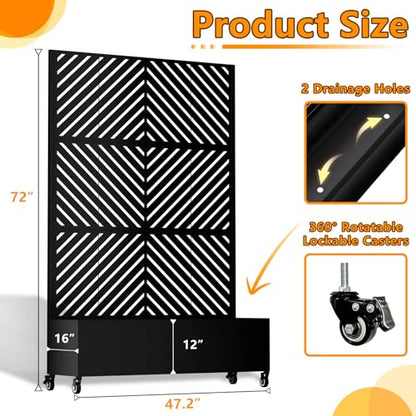 MTART Metal Planter Box with Trellis, 72"x47"x16" Outdoor Galvanized Raised Garden Bed with Privacy Screen & Drainage Holes & Lockable Casters for Climbing Plants, Vegetable, Vines (Black-Arrow) - color: Black-arrow