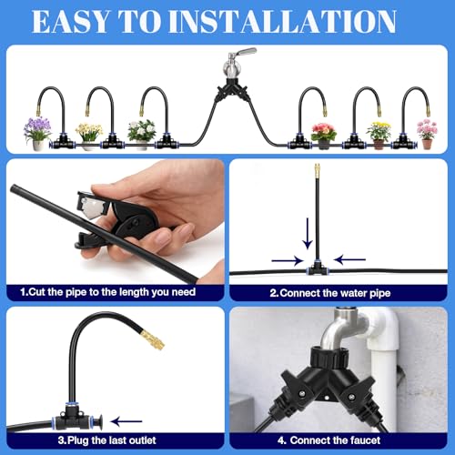 60FT Drip Irrigation Kit, 6mm Hose with Dual Outlet Splitter with Independent Valves & 15 360° Adjustable Brass Nozzles & 18 Snap-On Tees, DIY Automatic Watering for Greenhouse, Raised Beds, Garden - size: 60FT+15 Nozzles