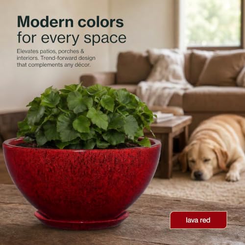 Rosie Planter Bowl, with Drainage and Saucer, 10” Lava Red - color: Lava Red
