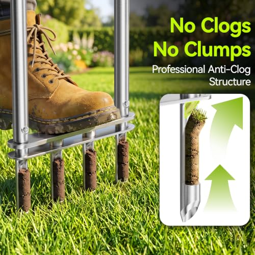 Knee-Friendly Manual Lawn Aerator, Adjustable 43.3–48.5", Silver, Dual Step